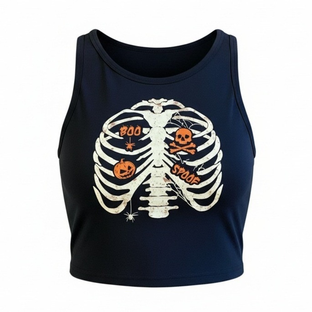 New XS Halloween Skeleton Crop Top Ribcage Tank Bones Goth Black Costume Casual‎